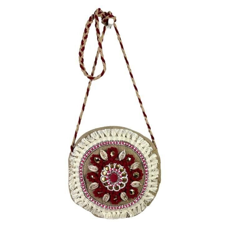 Borsa Donna Circolare in Juta fatta a mano con Conchiglie Decorative