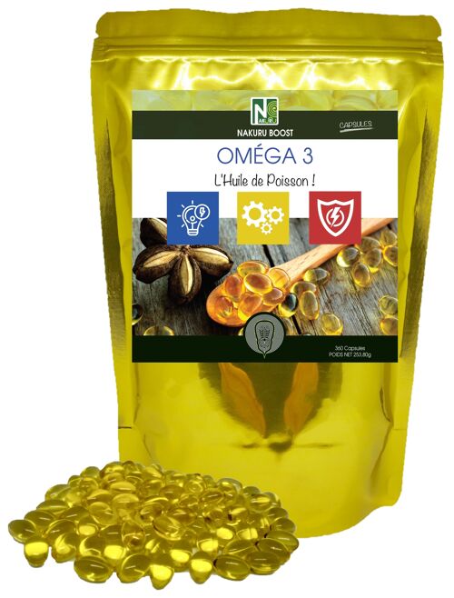 Oméga 3 / 360 Capsules de 705mg / NAKURU Boost / Fabriqué en France / L'Huile de Poisson !