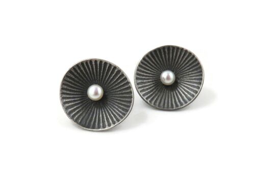 Pearl Silver Earrings with Embossed Design