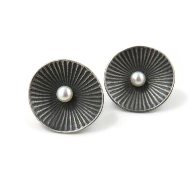 Pearl Silver Earrings with Embossed Design