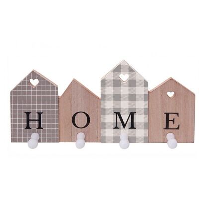 Wooden hanger with 4 hooks in the shape and theme of HOME 29x1x14cm