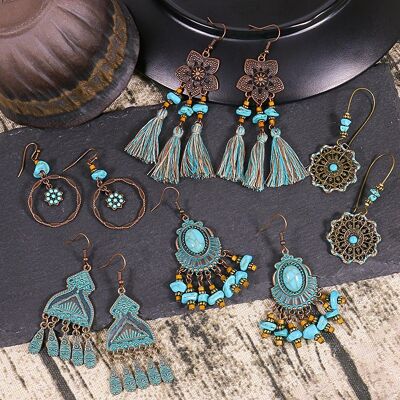 Geometric Turquoise Tassel Drop Earrings