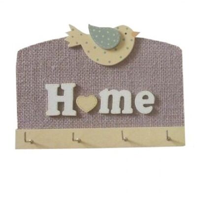 Wooden hanger with 4 hooks themed birds and the word HOME 21x12cm