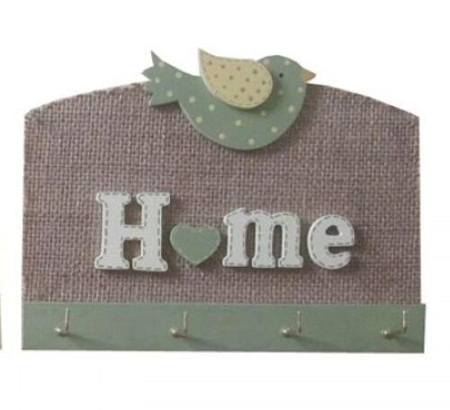 Wooden hanger with 4 hooks themed birds and the word HOME 21x12cm