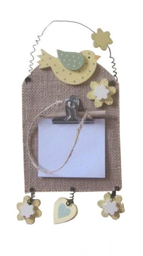 Hanging wooden memo with birds, flowers, hearts. Paper and pencil included 13x24cm