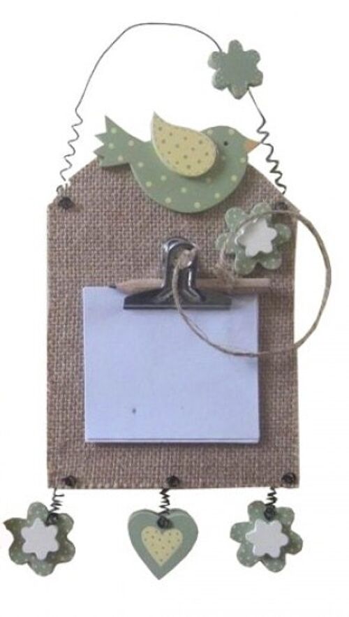 Hanging wooden memo with birds, flowers, hearts. Paper and pencil included 13x24cm