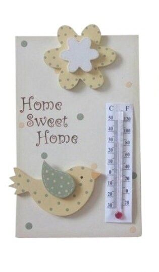 Hängethermometer aus Holz mit Vögeln und dem Moto HOME SWEET HOME 13x17cm