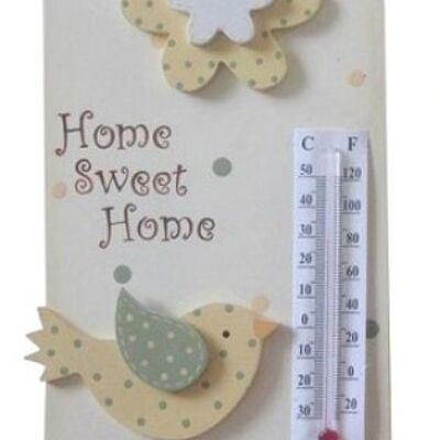 Wooden hanging thermometer with birds and the moto HOME SWEET HOME 13x17cm