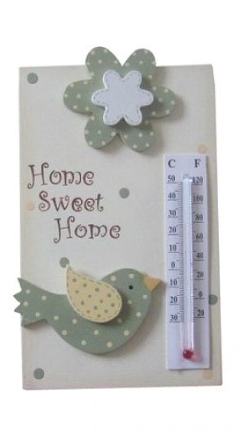 Wooden hanging thermometer with birds and the moto HOME SWEET HOME 13x17cm