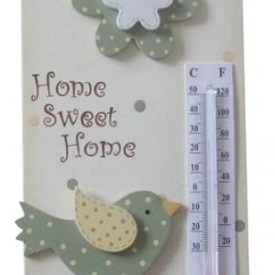 Hängethermometer aus Holz mit Vögeln und dem Moto HOME SWEET HOME 13x17cm