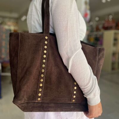 Borsa Shopper grande in crosta di pelle con borchie decorative