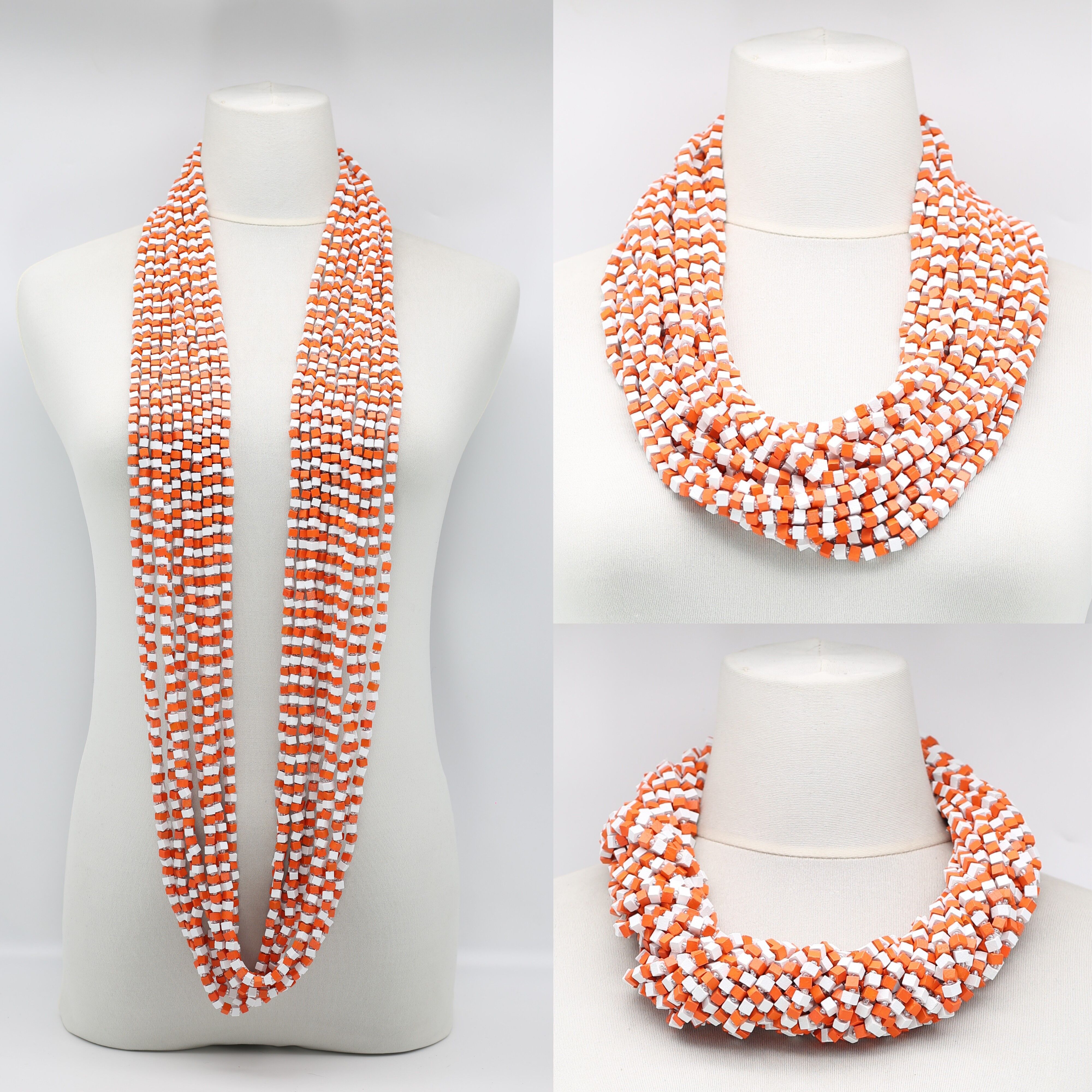 NEXT Collana Pashmina - Mosaico - Bianco/Arancio - 10 Fili-