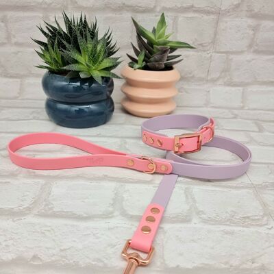 Waterproof BioThane© Two-Coloured Dog Collar & Dog Lead Set - Lilac & Baby Pink