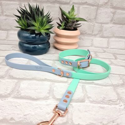 Waterproof BioThane© Two-Coloured Dog Collar & Dog Lead Set - Seafoam & Pastel Blue