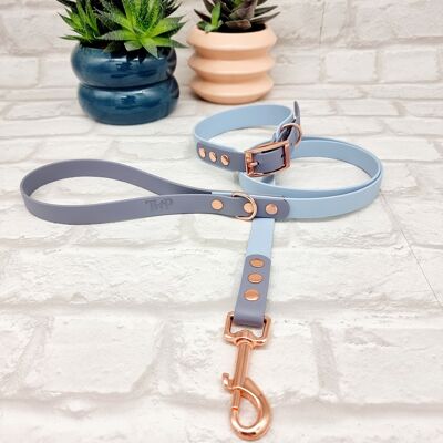 Juego de collar y correa para perro impermeable BioThane© de dos colores - Azul pastel y gris