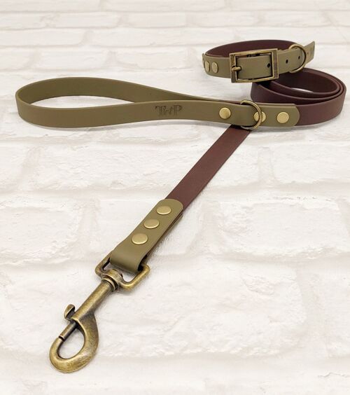 Waterproof BioThane© Two-Coloured Dog Collar & Dog Lead Set - Dark Brown & Military Green