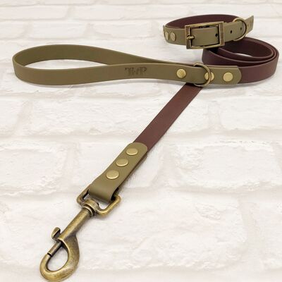 Waterproof BioThane© Two-Coloured Dog Collar & Dog Lead Set - Dark Brown & Military Green