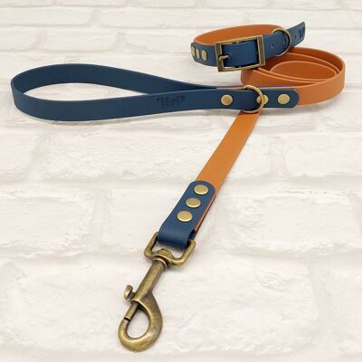 Waterproof BioThane© Two-Coloured Dog Collar & Dog Lead Set - Light Brown & Kerosene