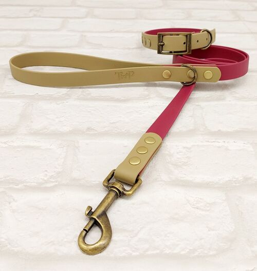 Waterproof BioThane© Two-Coloured Dog Collar & Dog Lead Set - Burgundy & Sandstone