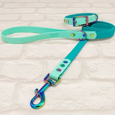 Waterproof BioThane© Two-Coloured Dog Collar & Dog Lead Set - Teal & Seafoam