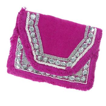 Pochette à perles en jute avec zip et rabat Inde - fuschia