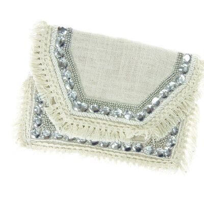 Jute beaded pouch with zip and flap India - white
