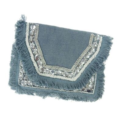 Jute beaded pouch with zip and flap India - blue