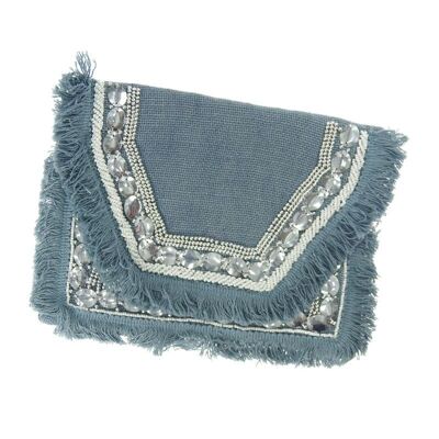 Pochette à perles en jute avec zip et rabat Inde - bleu