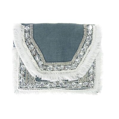 Pochette à perles en jute avec zip et rabat Inde - bleu franges blanches
