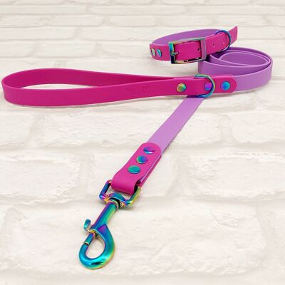 Waterproof BioThane© Two-Coloured Dog Collar & Dog Lead Set - Amethyst & Pink Berry