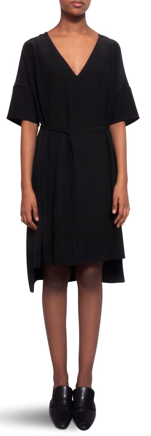 Day dress short black silk crepe, V neck, Ssl