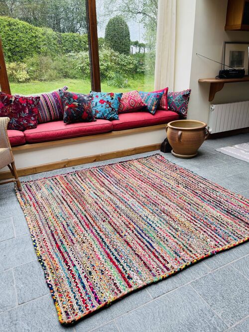 MISHRAN Square Rug Jute with Multicolour Recycled Fabric