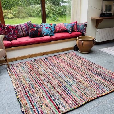 MISHRAN Square Rug Jute with Multicolour Recycled Fabric