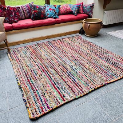 MISHRAN Square Rug Jute with Multicolour Recycled Fabric