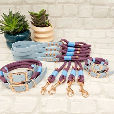 Paracord & Waterproof BioThane© Dog Collar & Dog Lead Set - Mauve & Pastel Blue