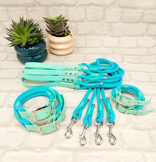 Paracord & Waterproof BioThane© Dog Collar & Dog Lead Set - Turquoise & Seafoam