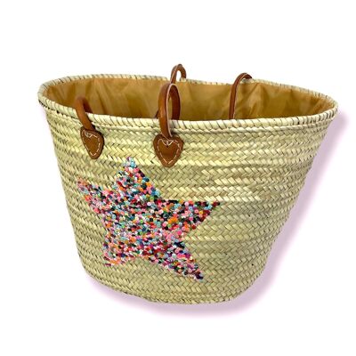 Straw Basket with Leather Handles and Star Design. Woman fashion