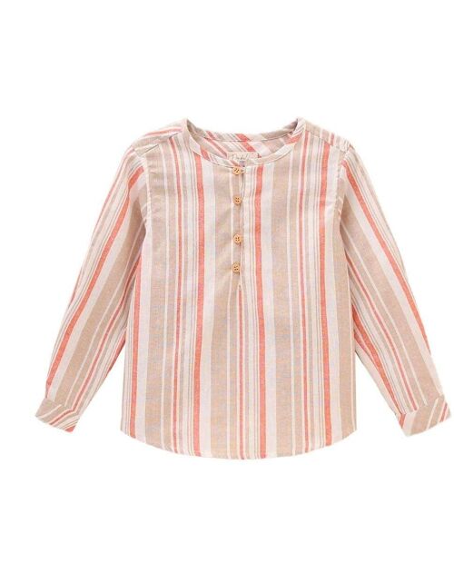 Camisa de niño con rayas de manga larga en tonos coral, beige y blanco
