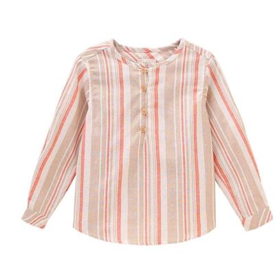 Boy's long-sleeved striped shirt in coral, beige and white tones