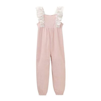 Girl's long plain jumpsuit with contrasting printed ruffles