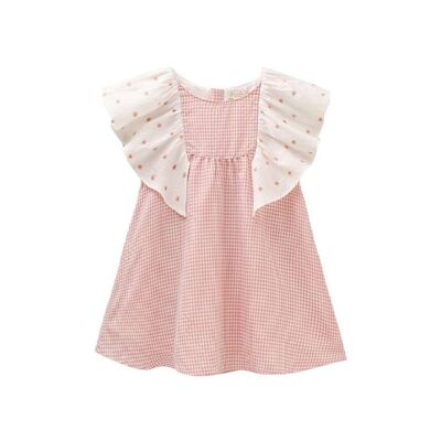 Girl's dress in pink and white gingham check with contrasting ruffles