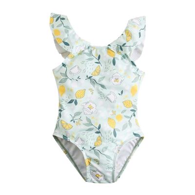 Girl's swimsuit with cup and lemon print and bow on the back
