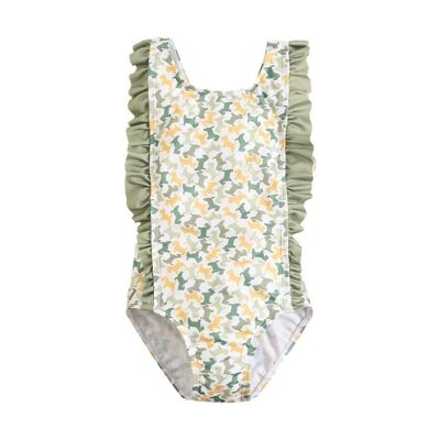 Girl's camouflage print swimsuit with contrasting ruffles