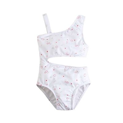 Asymmetric girl's swimsuit with striped pattern and cherry print
