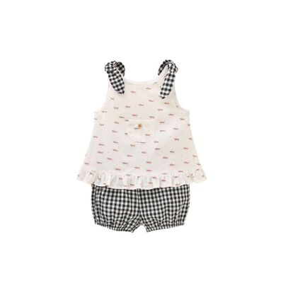 Baby-Mädchen-Outfit mit bedruckter Bluse und Pumphose mit Vichy-Karos