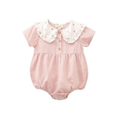 Baby girl's gingham plaid romper with contrasting collar