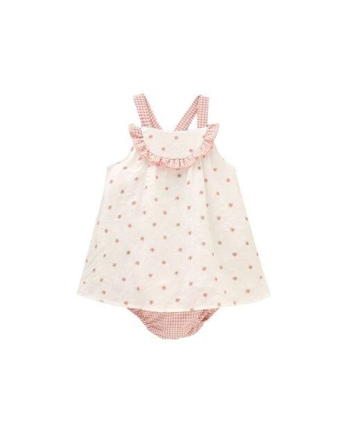 Vestido de bebé niña en blanco con estampado de flores rosas y braguita a juego