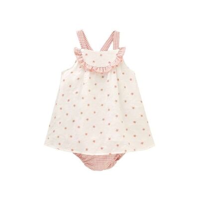 White baby girl dress with pink flower print and matching panty