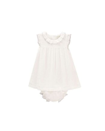 Robe plumetis bébé fille avec bordures contrastées et culotte assortie 1