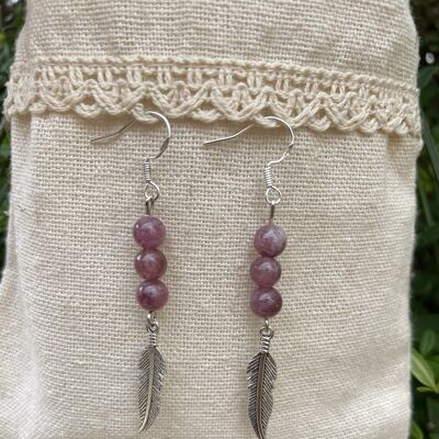 Earrings with 3 balls in natural Lepidolite and feather charm